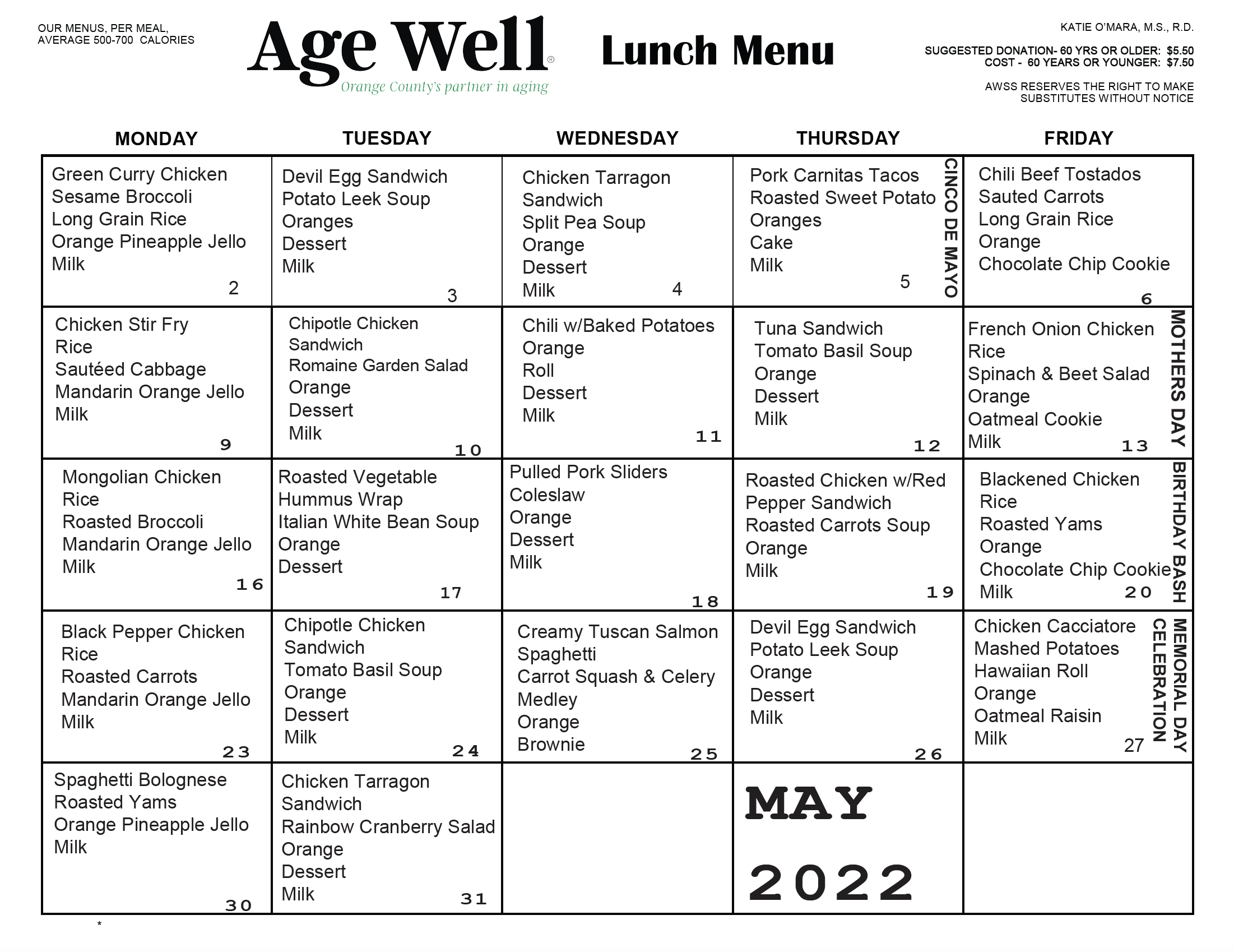 May Lunch Menu Age Well Senior Services
