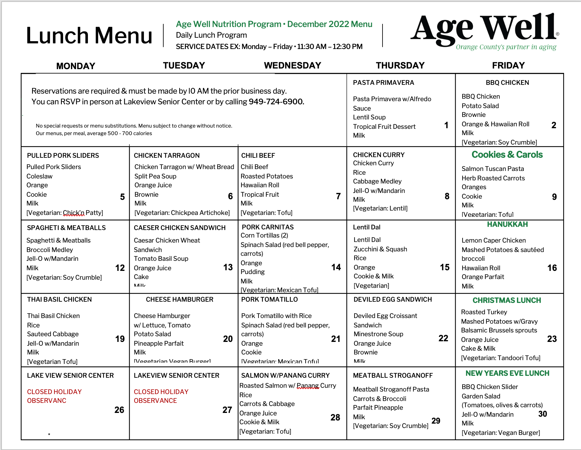 December Menus Age Well Senior Services