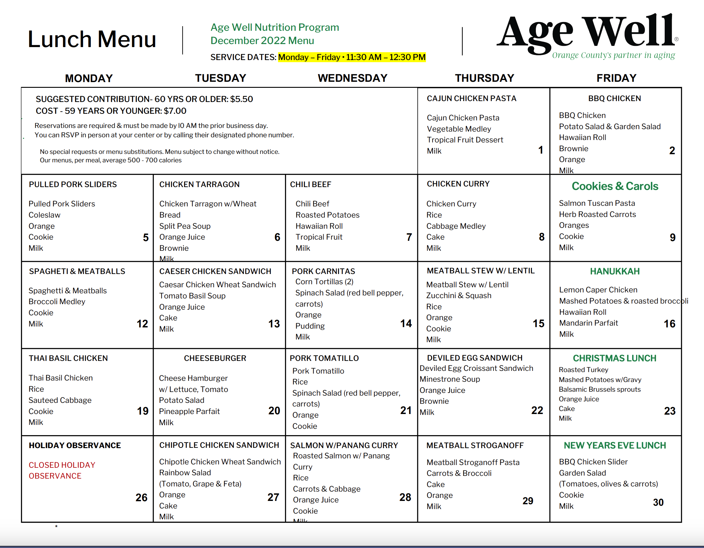 December Menus | Age Well Senior Services