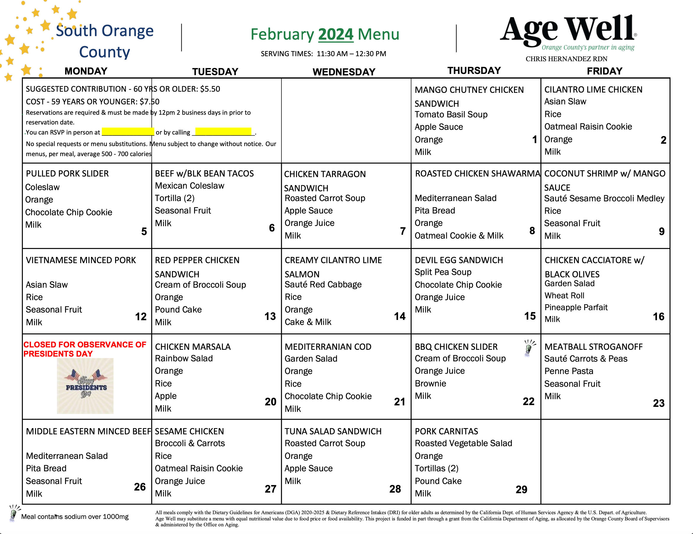 February Menus | Age Well Senior Services