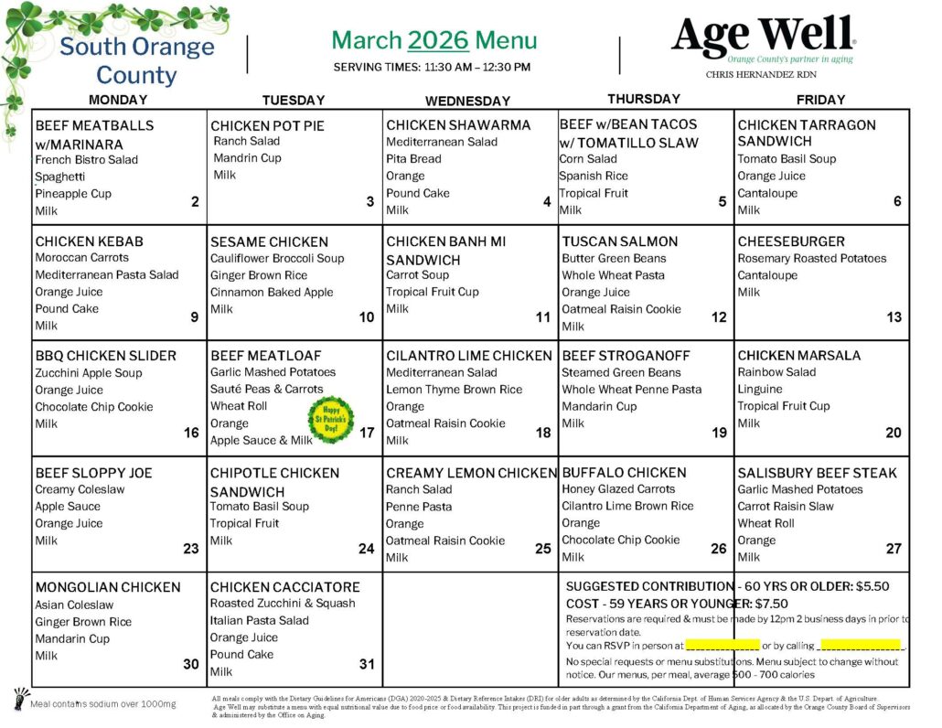 Lunch Café Menus March | Age Well Senior Services